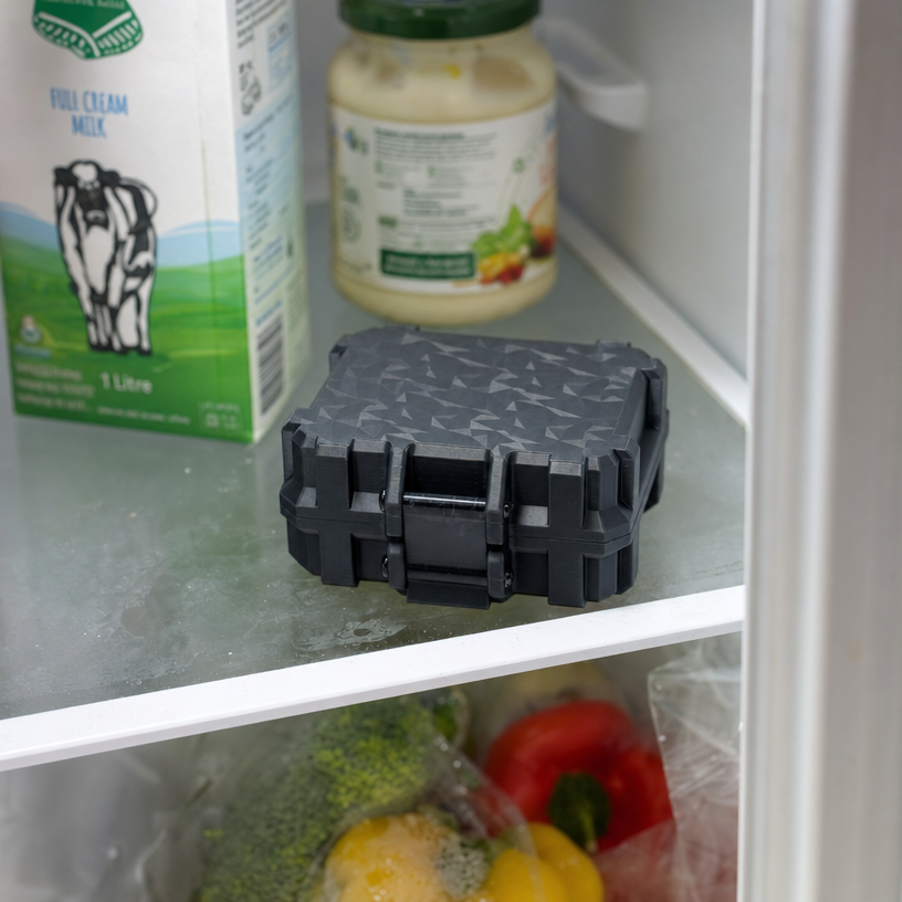 10-slot peptide vial case with BAC water bottle holder — black, in fridge