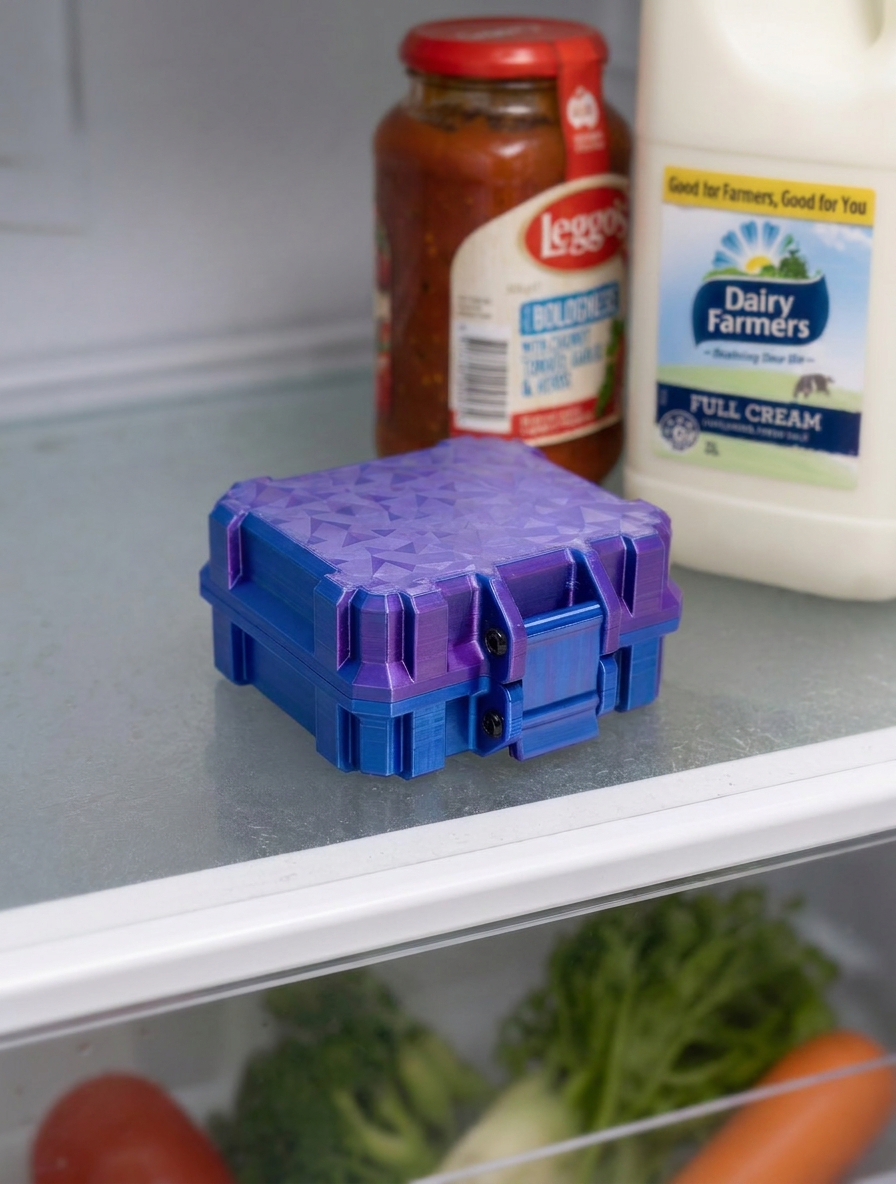 10-slot peptide vial case with BAC water bottle holder — in the fridge, lifestyle