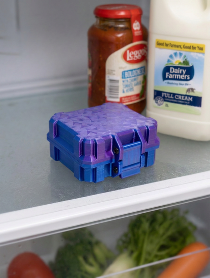 10-slot peptide vial case with BAC water bottle holder — in the fridge, lifestyle