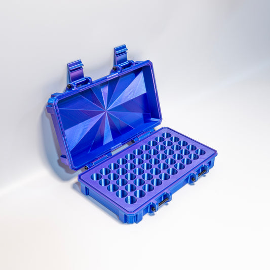Peptide vial storage case, 50 upright 3ml slots — open
