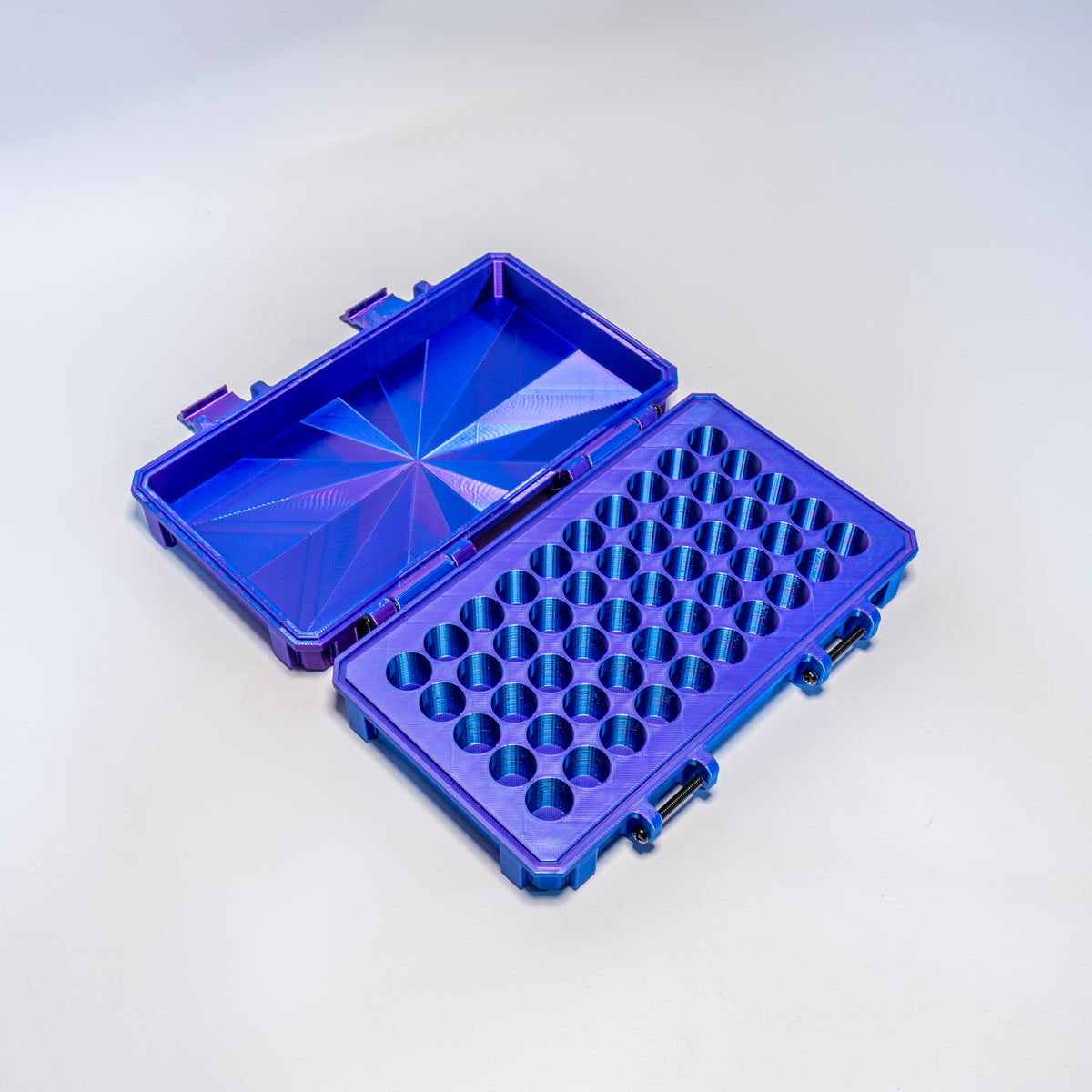 Peptide vial storage case, 50 upright 3ml slots — purple/blue, top view