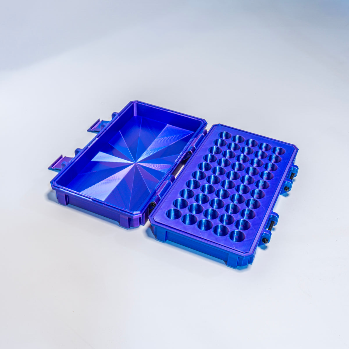 Peptide vial storage case, 50 upright 3ml slots — purple/blue, open
