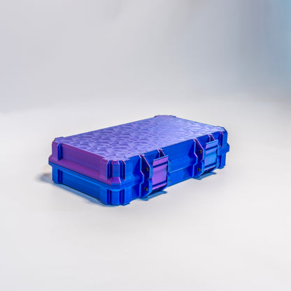 Peptide vial storage case, 50 upright 3ml slots — purple/blue, closed
